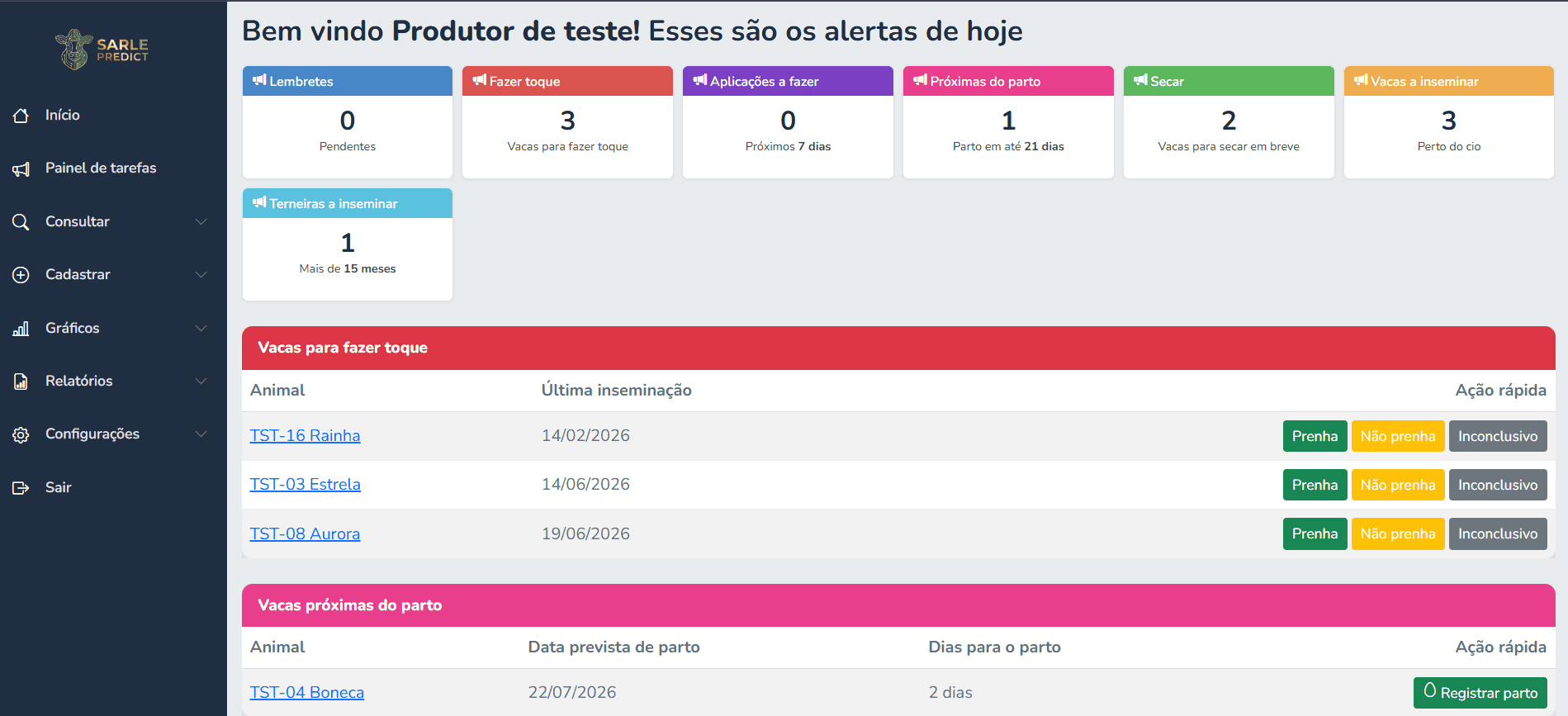 Painel de tarefas do Sarle Predict com os alertas do dia